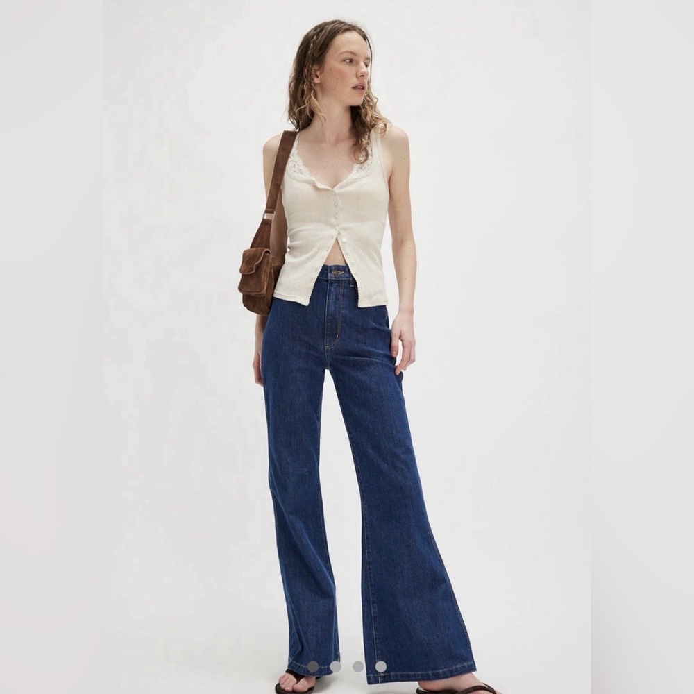 Free People Rolla's East Coast Braided Flare Jeans Stretch Deep Blue